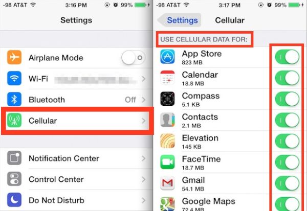 iPhone AT&T Cellular Data Settings Use Cellular Data For Option