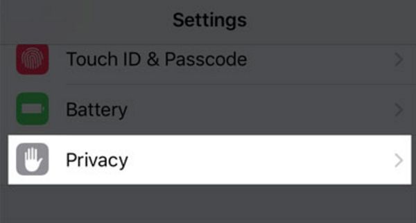 Settings - Privacy section on iPhone