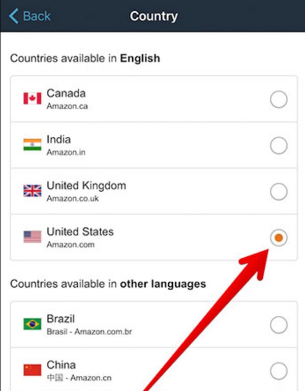 Select Country and Language on Amazon app on iPhone